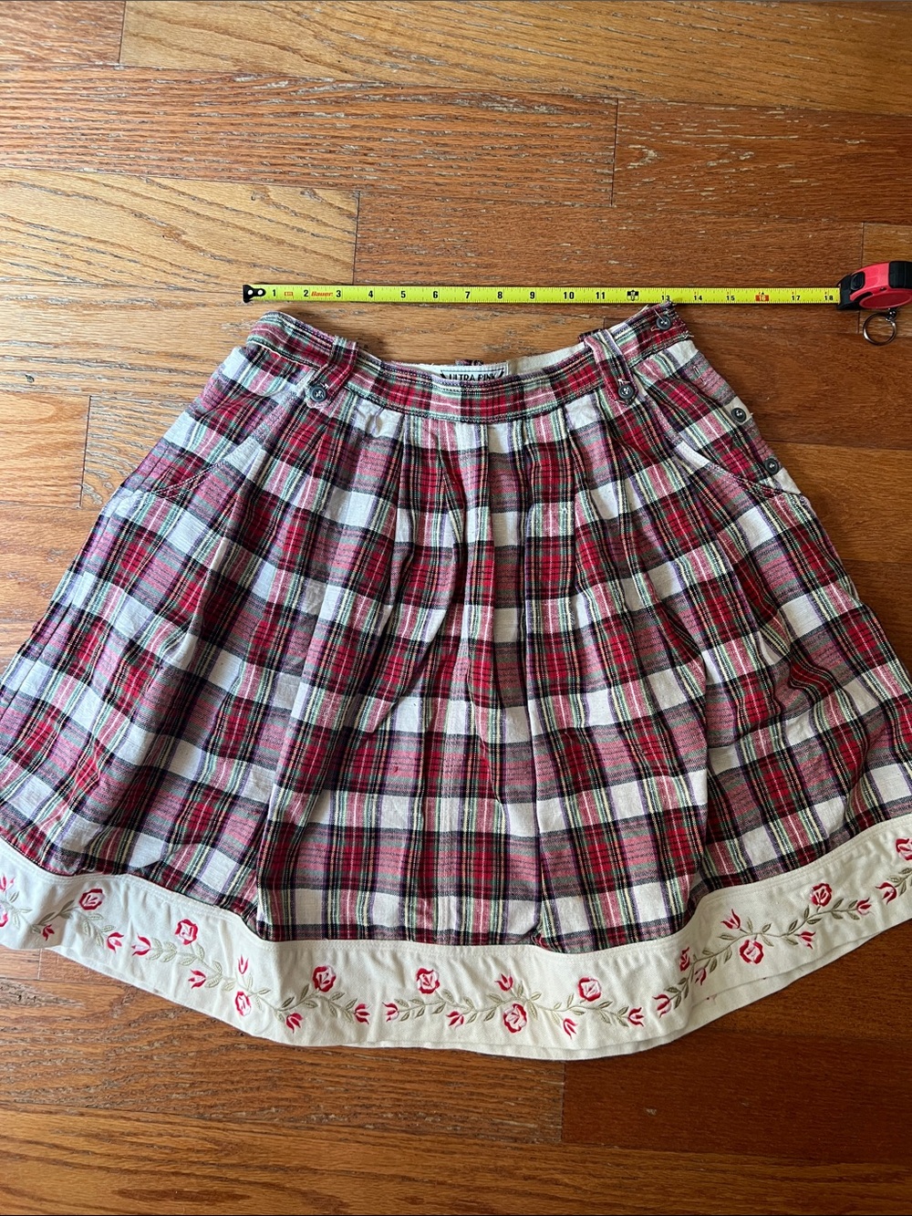 vintage ULTRA PINK Plaid Red and White Embroidered Hem Pleated Skirt 100% cotton